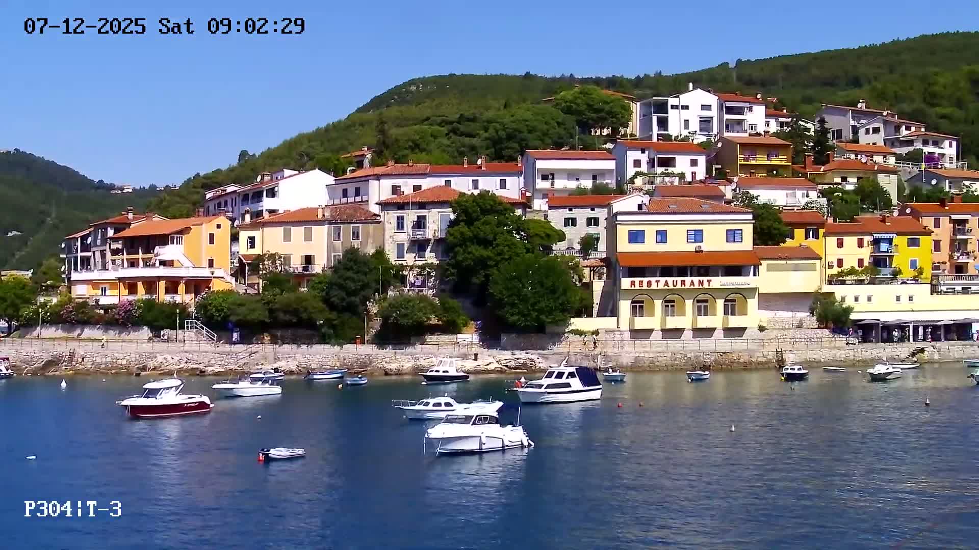 A picturesque coastal town with colorful buildings on a hillside overlooking a calm harbor filled with several small boats under a clear blue sky.
