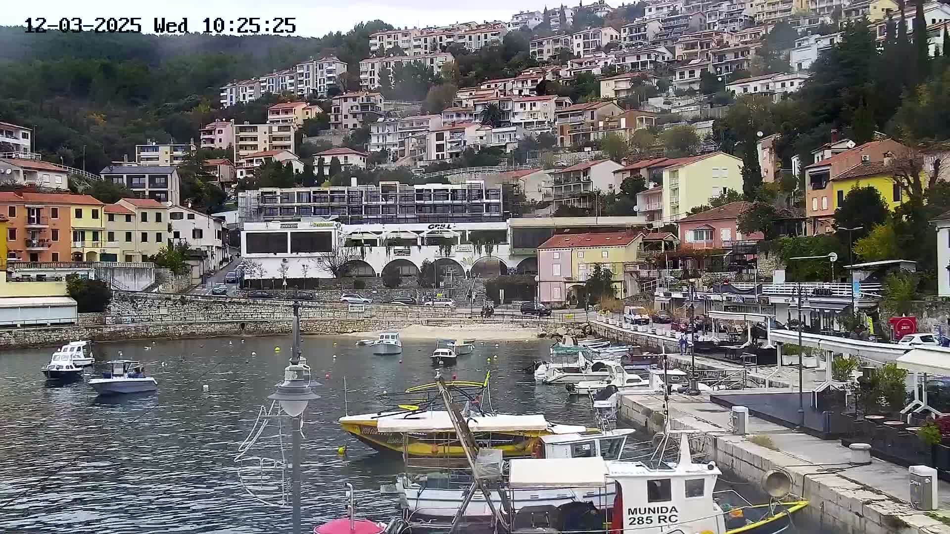 A picturesque coastal town with numerous multi-story buildings sprawling up a verdant hillside overlooks a calm bay filled with various boats, all under an overcast sky.