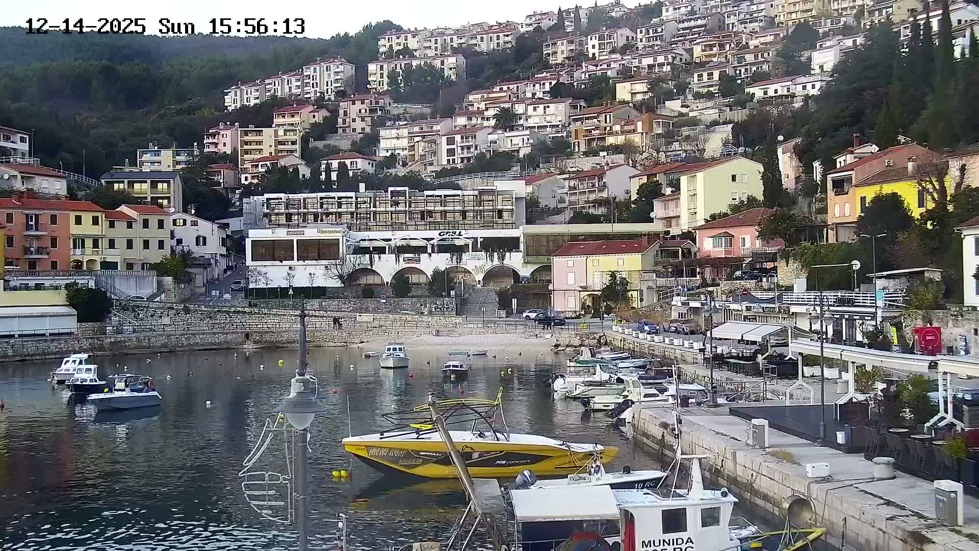 A picturesque coastal town with numerous multi-story buildings sprawling up a verdant hillside overlooks a calm bay filled with various boats, all under an overcast sky.