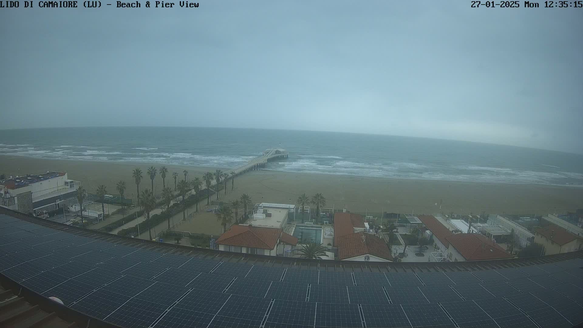 A high-angle view shows a beach with a pier, palm trees, and buildings on an overcast day with choppy waves.