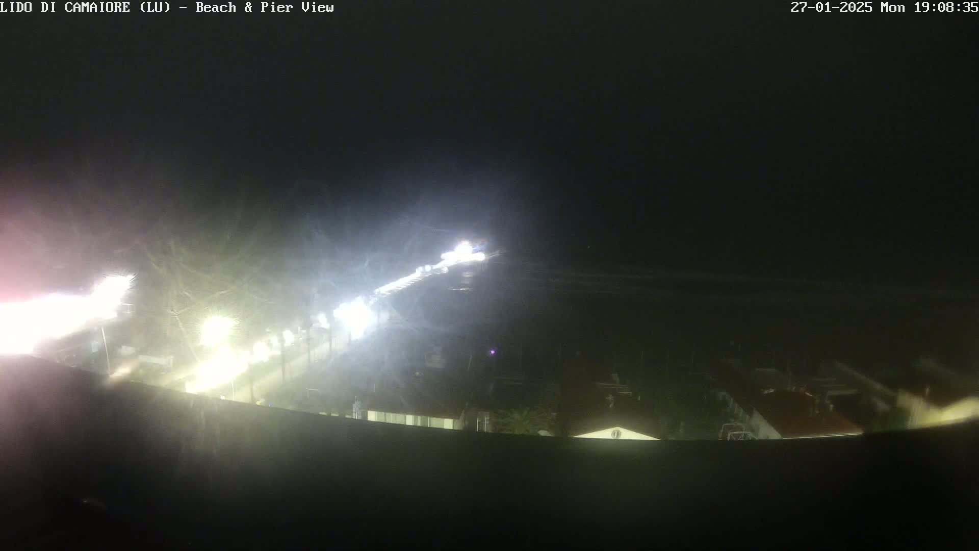 A nighttime, hazy view of a beach and pier with brightly lit streets and buildings in the foreground.