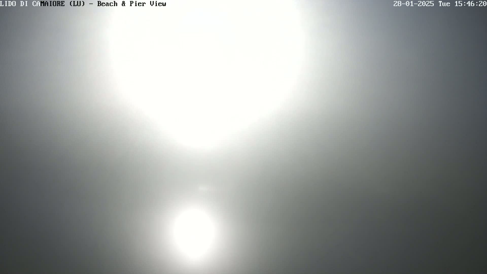 A hazy, bright sun is visible through a mostly gray sky.