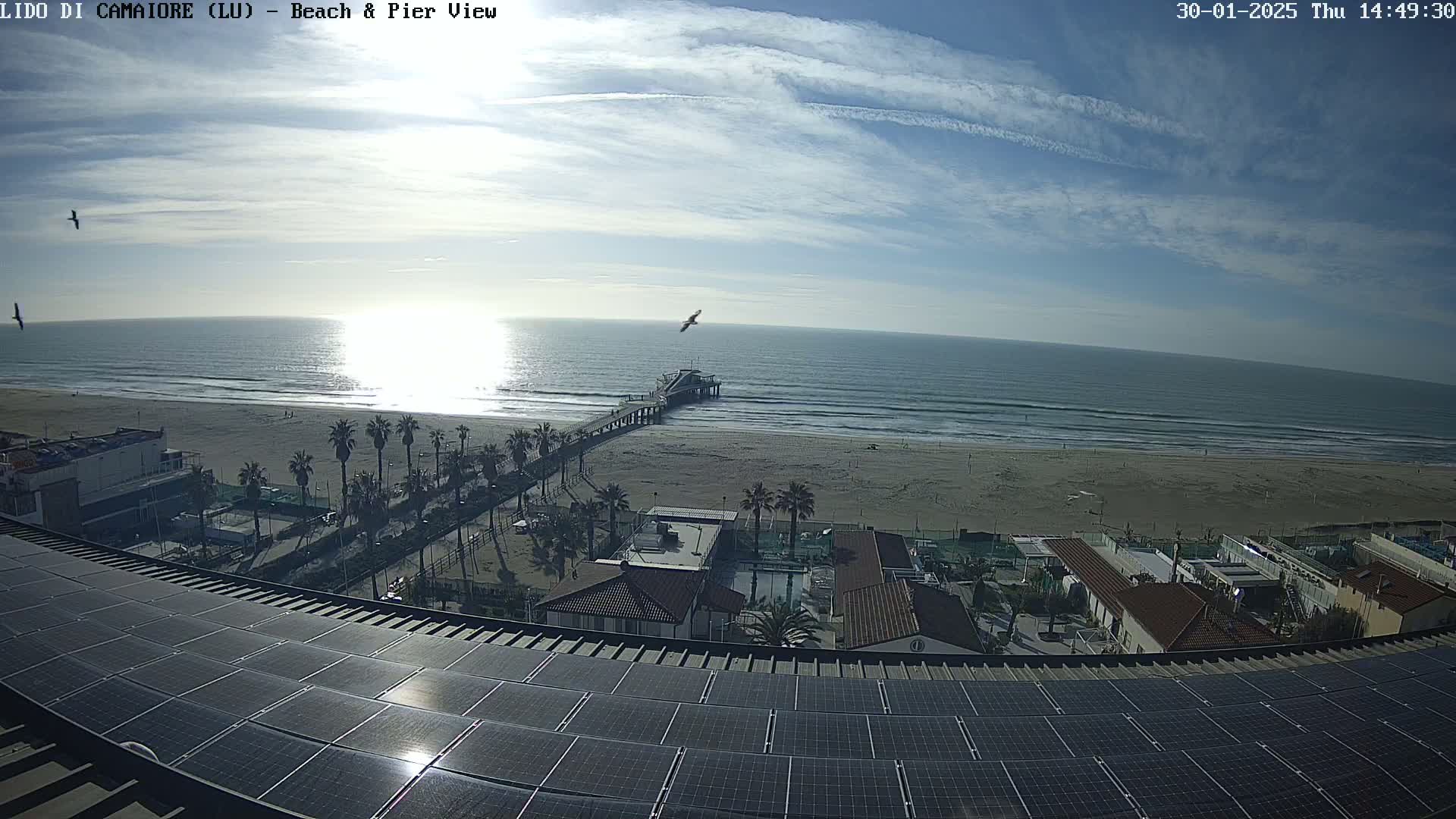 A sunny day shows a beach with a pier extending into a calm ocean, viewed from above a rooftop covered in solar panels.