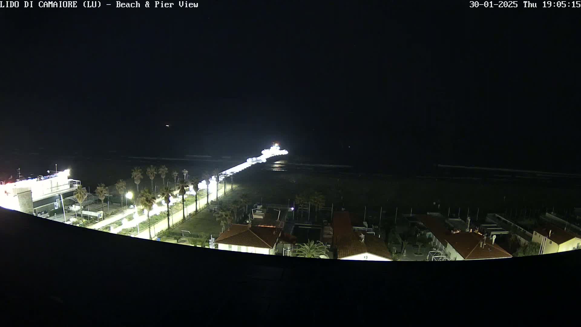A nighttime, high-angle view shows a pier extending from a brightly lit beachfront area into a dark ocean, with palm trees lining the beach and buildings visible in the foreground.