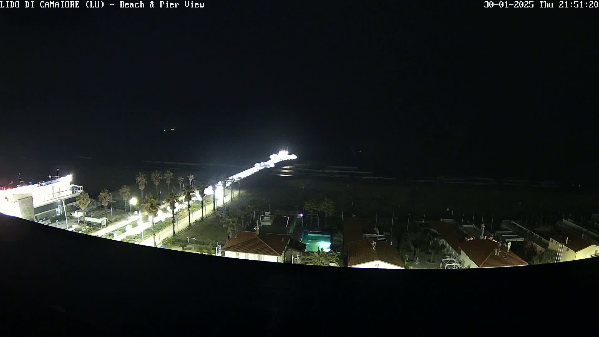A nighttime view of a pier extending into a dark ocean, with a line of illuminated buildings and palm trees along a beach, under a clear sky.