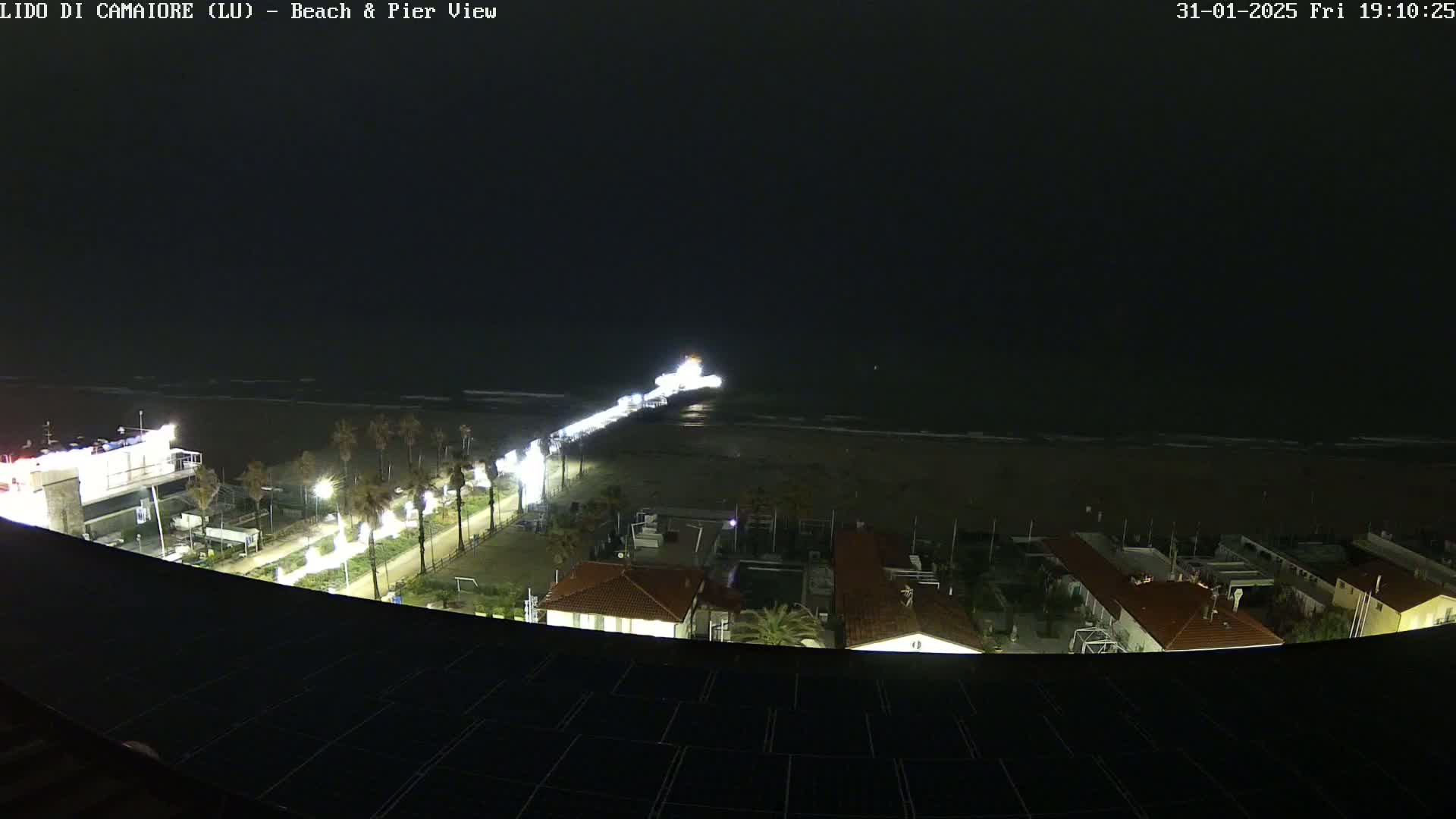 A nighttime view of a pier extending from a beach into a dark ocean, with buildings and palm trees illuminated along the shore.
