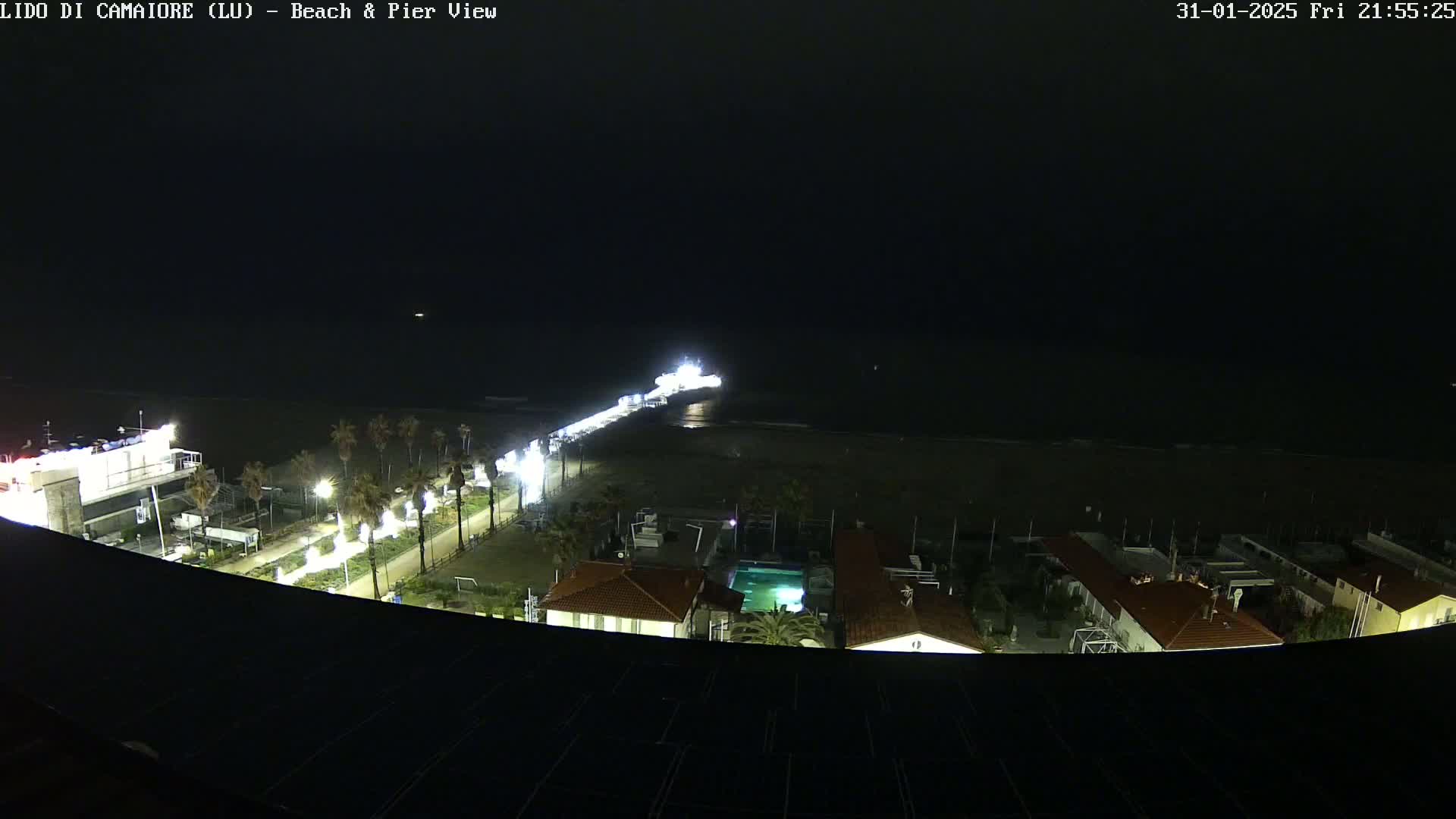 A nighttime, overhead view of a pier extending from a beach into a dark ocean, with buildings and palm trees illuminated along the shore.