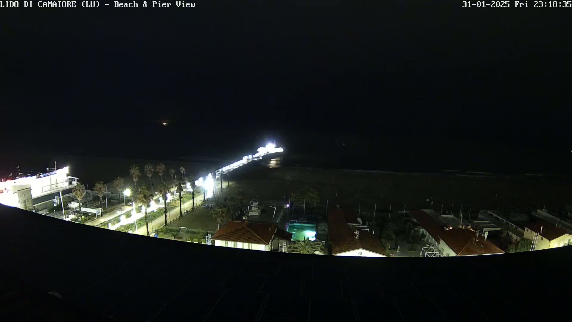 A nighttime, high-angle view of a beach and pier with buildings and palm trees illuminated by artificial light.