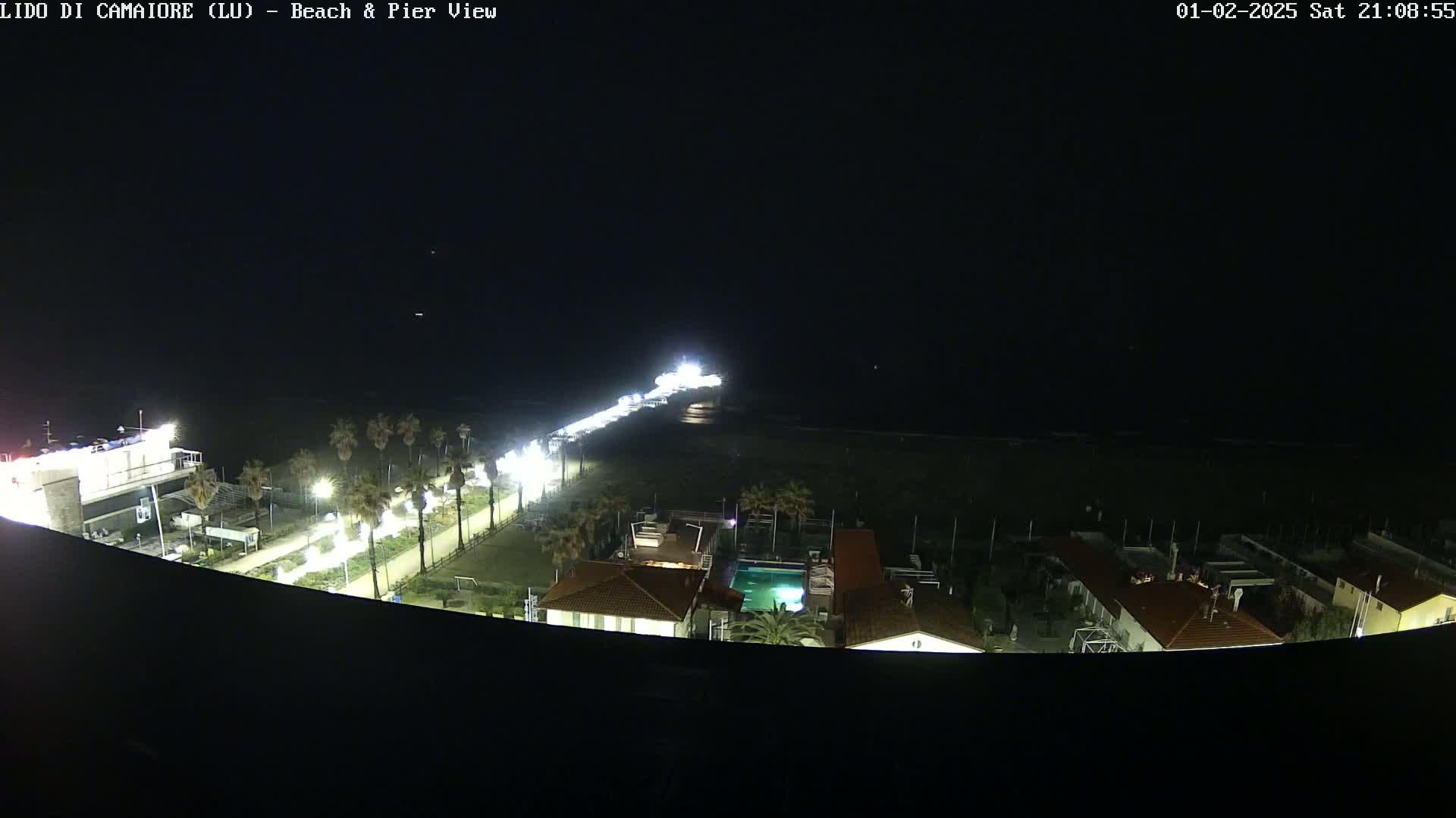 A nighttime, high-angle view of a pier extending into a dark ocean, with a beach and buildings illuminated by artificial lights.