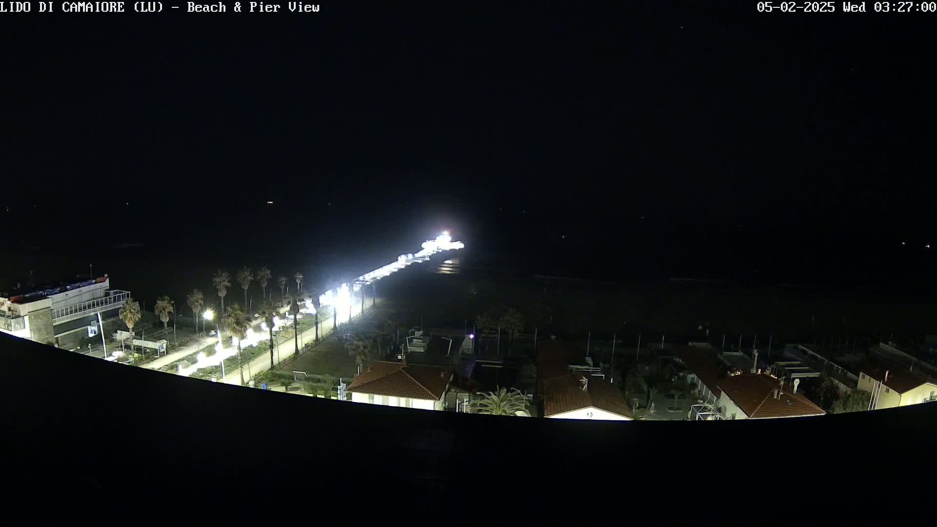 A nighttime view of a beach and pier, illuminated by lights, with palm trees and buildings visible in the foreground.