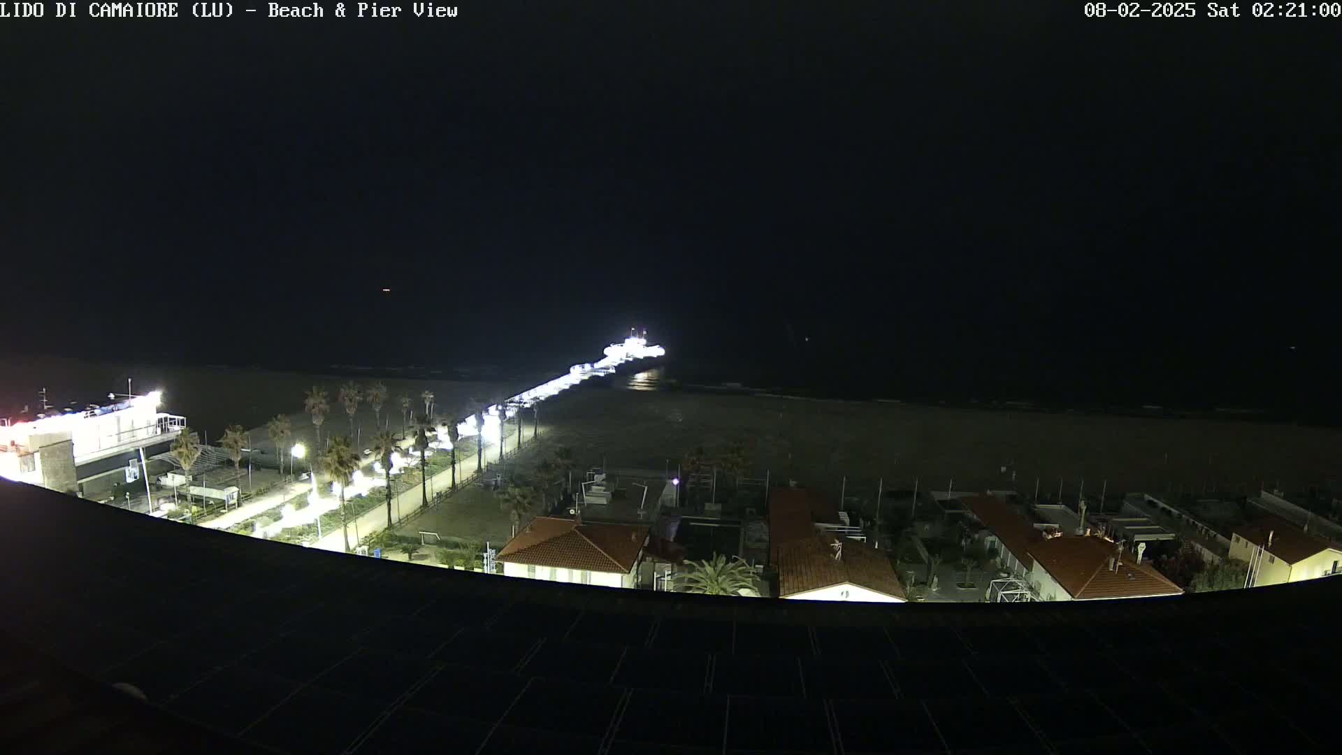 A nighttime, high-angle view of a beach and pier with a vessel docked at the end of the pier, illuminated by artificial lights; buildings and palm trees are visible along the beach.