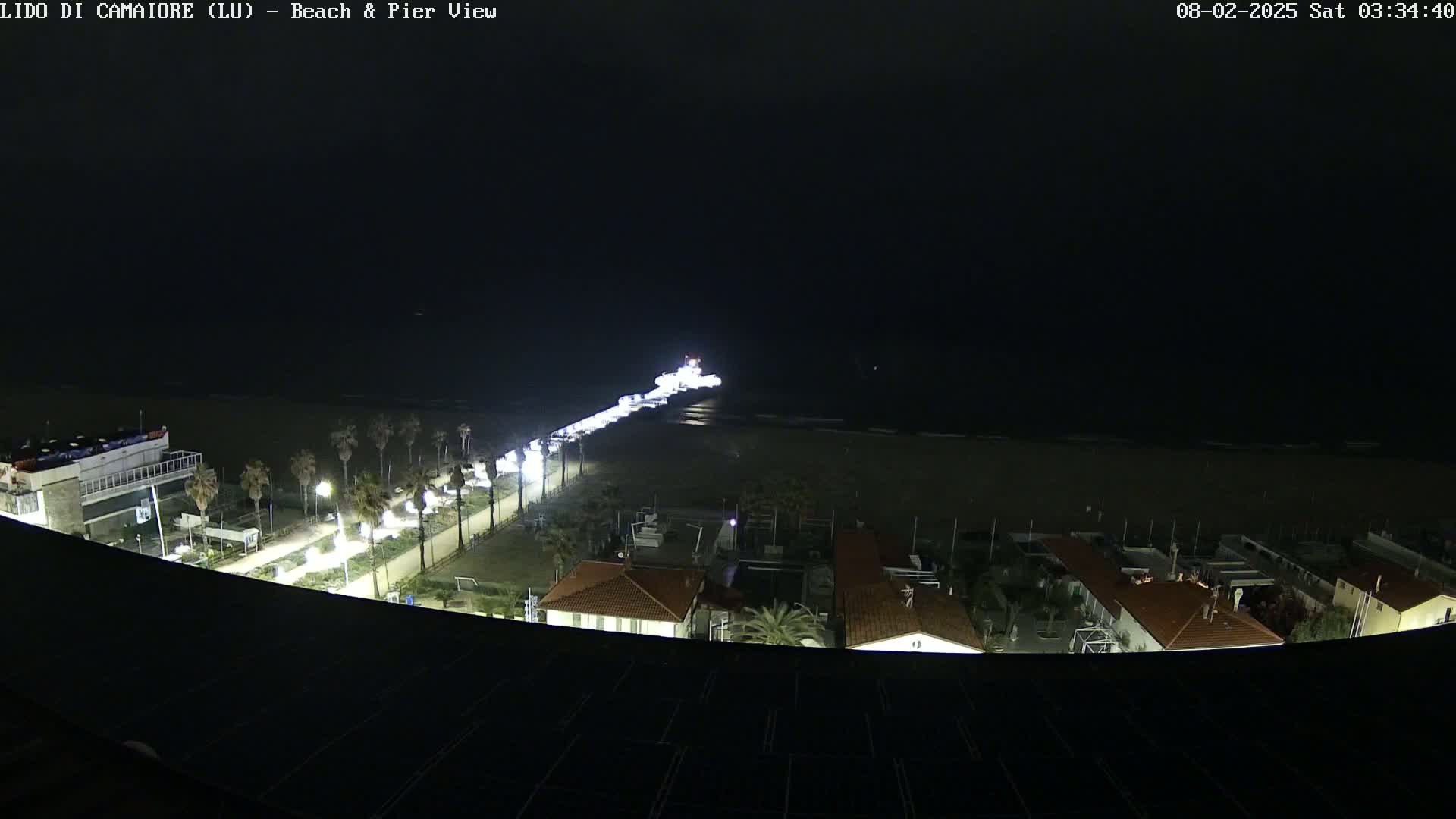 A nighttime, high-angle view shows a pier extending from a beach lined with palm trees and buildings under a dark sky.