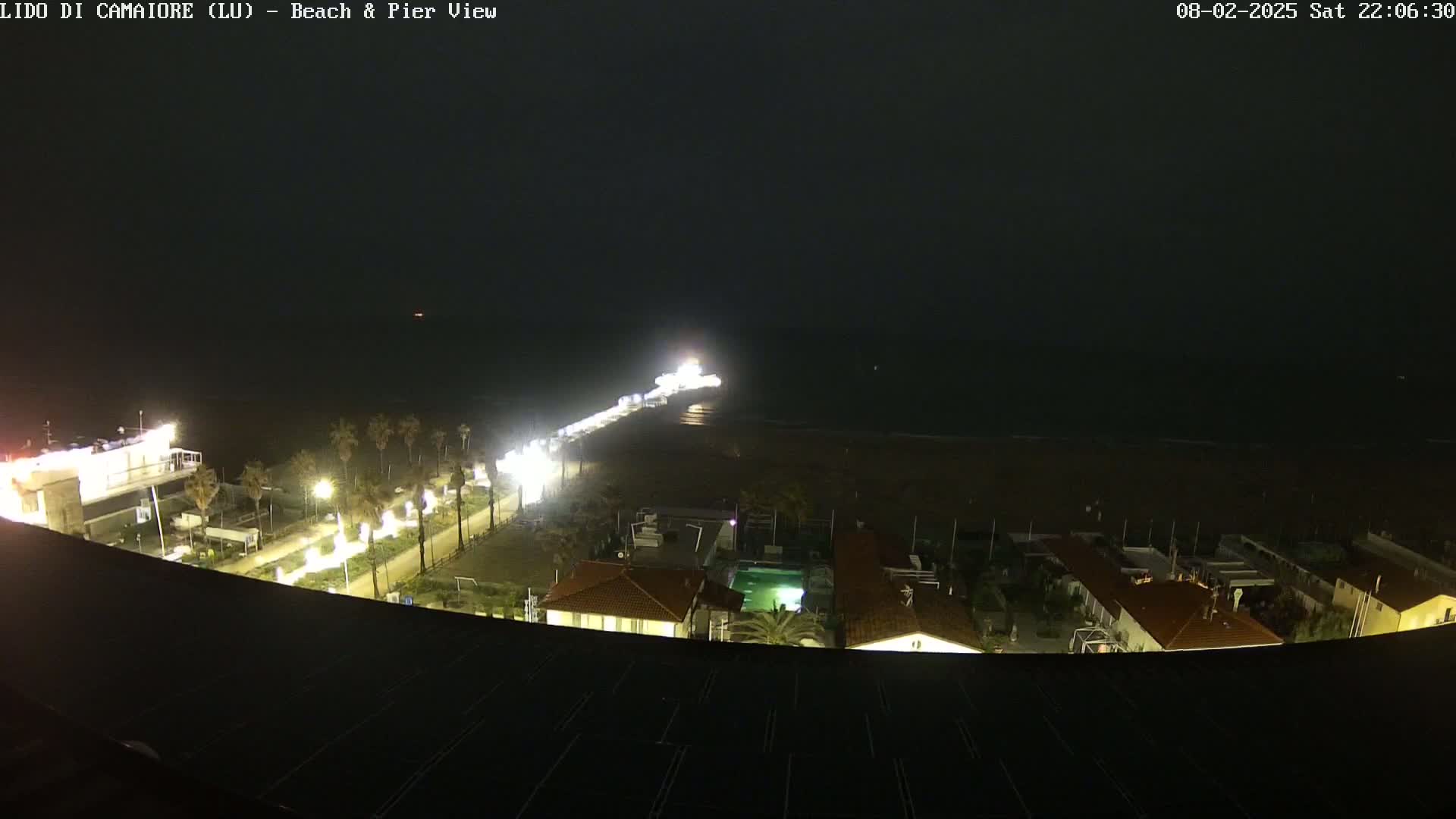 A nighttime, high-angle view of a beach and pier, illuminated by lights, with buildings and palm trees visible along the shoreline under a dark sky.