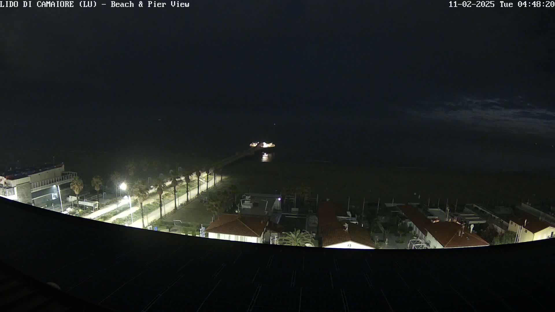 A nighttime aerial view shows a dark ocean, a pier with lights, a beachfront road with palm trees, and buildings under a mostly clear, dark sky.