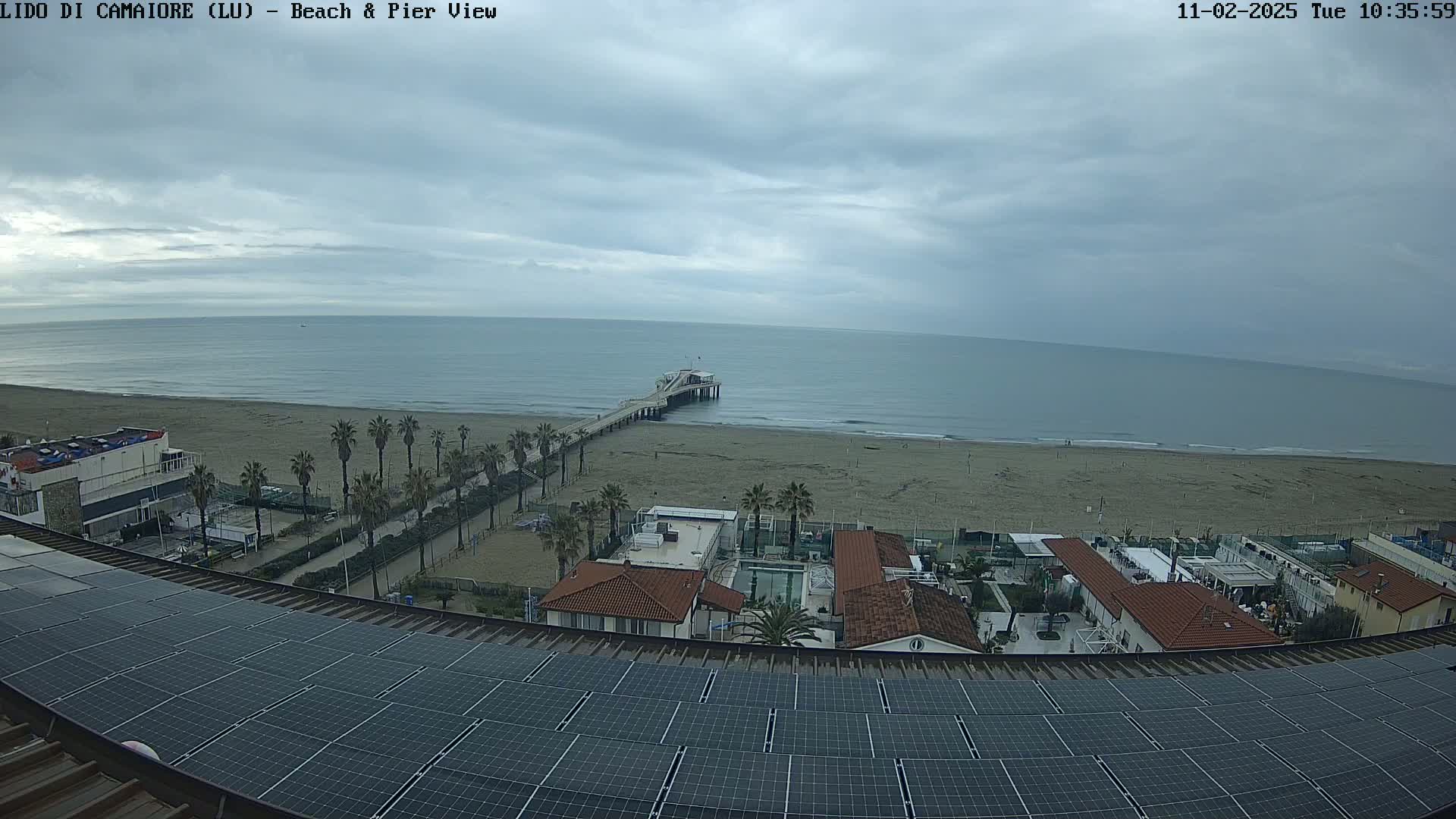 A beachfront view shows a sandy beach, calm ocean under an overcast sky, a pier extending into the water, palm trees lining the shore, and buildings with solar panels on a rooftop.
