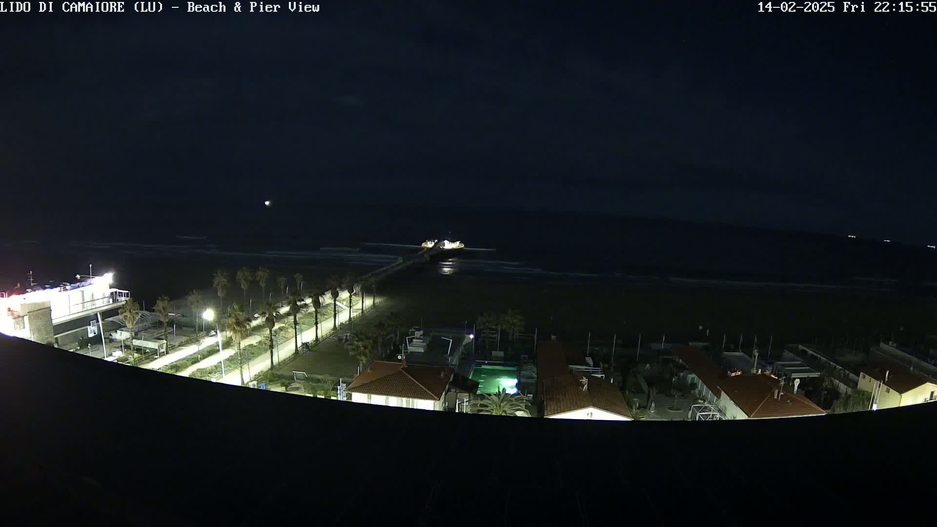 A nighttime, high-angle view shows a dark beach with a pier extending into a calm ocean, palm trees lining a road behind the beach, and buildings with lights on in the foreground.