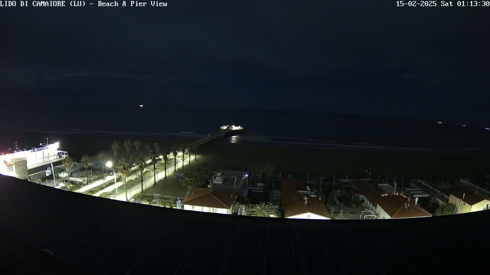 A nighttime, high-angle view shows a dark beach with a pier extending into the ocean, palm trees lining a paved path, and buildings illuminated by streetlights.