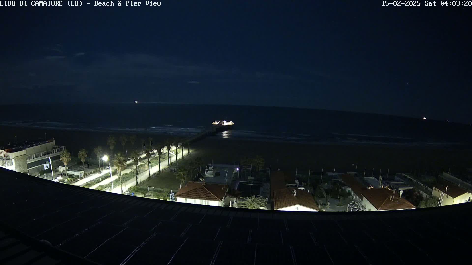 A nighttime view of a dark beach and pier with calm ocean waters, illuminated buildings, and palm trees lining a roadway.