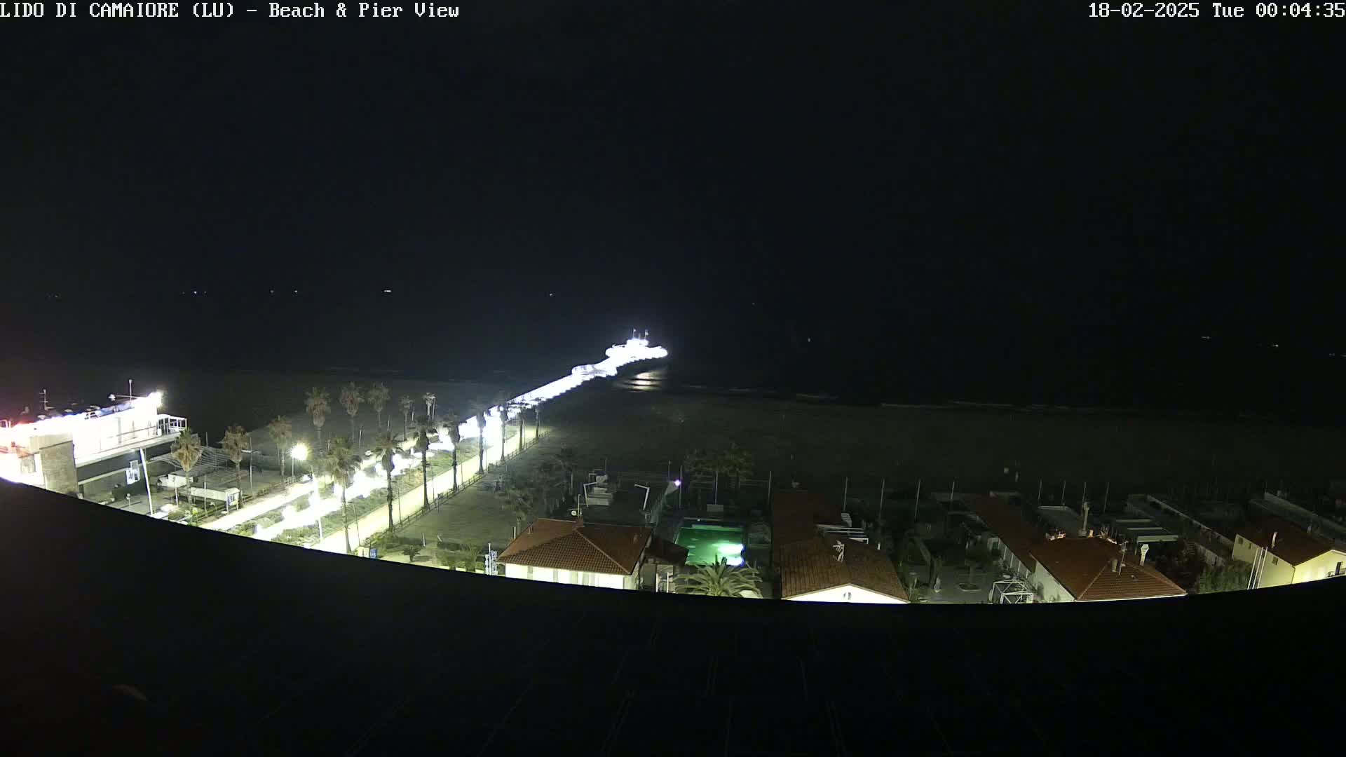 A nighttime view of a pier extending from a brightly lit beachfront area into a dark ocean, with buildings and palm trees visible along the shore.
