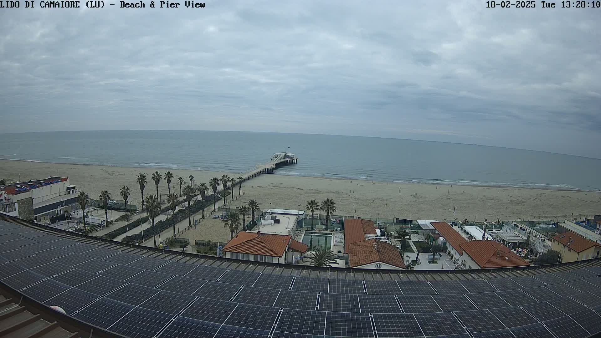 A beach with a pier, palm trees, and buildings is viewed from above a rooftop covered in solar panels under an overcast sky.