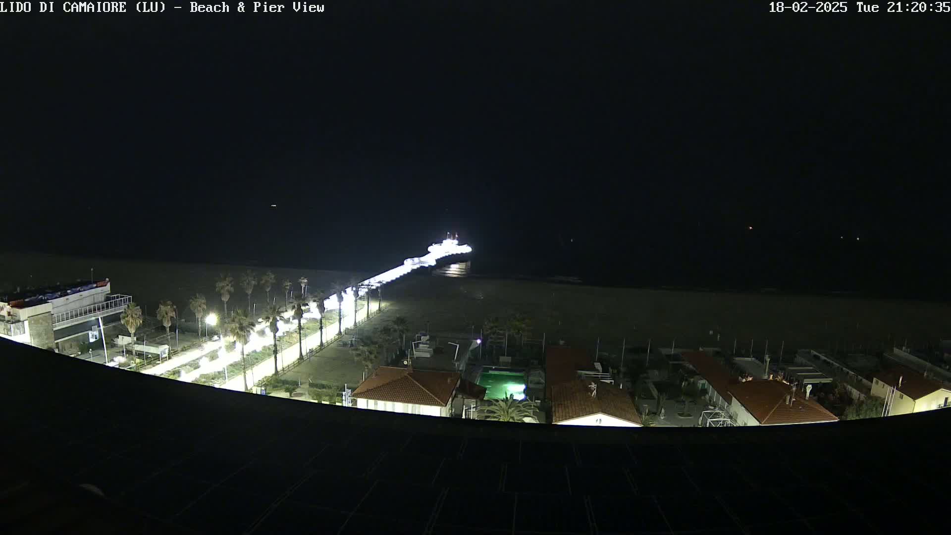A nighttime, high-angle view shows a pier extending from a beach into dark water, with a vessel near the pier's end, illuminated buildings behind the beach, and palm trees lining the shore.