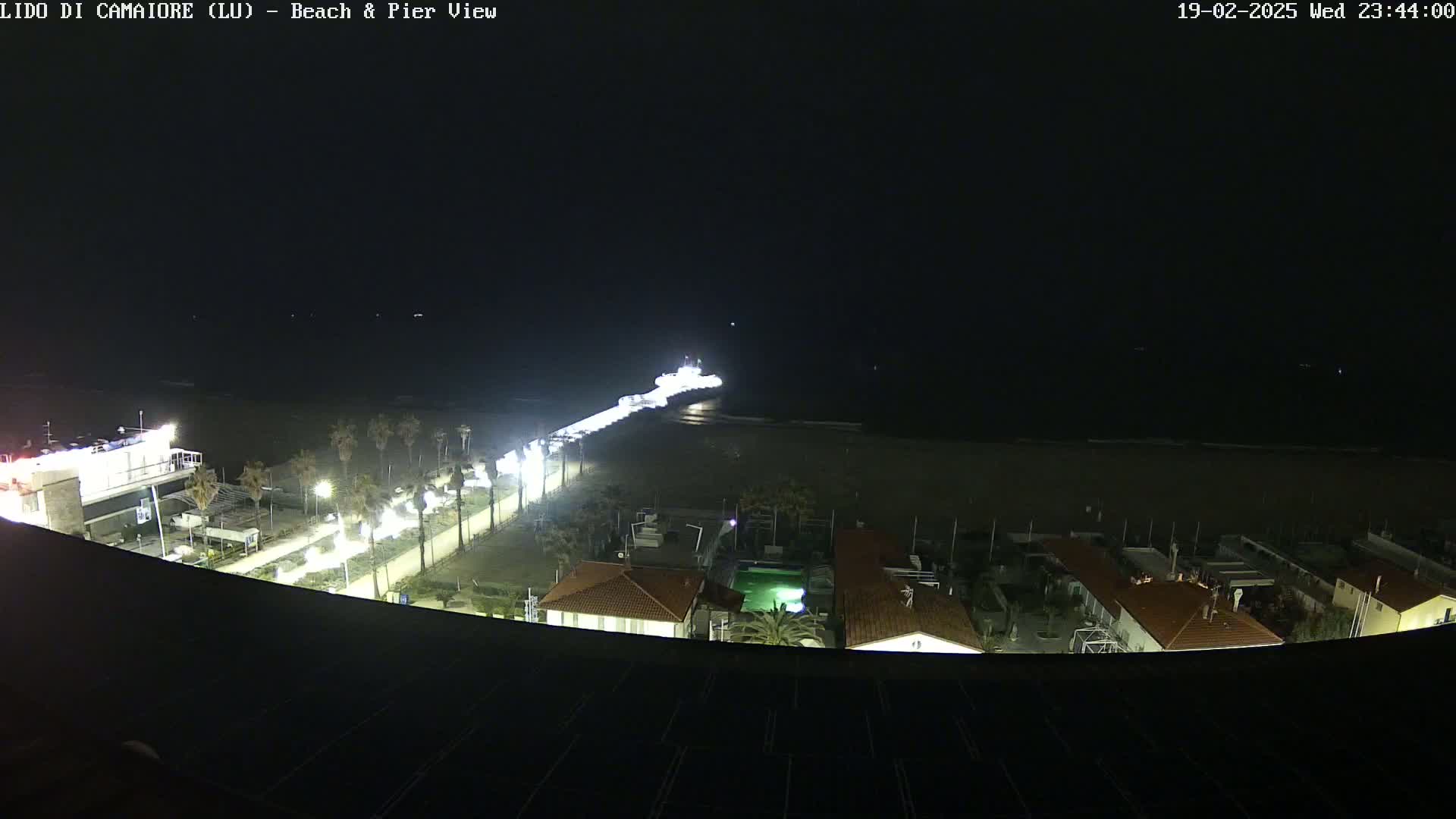 A nighttime, high-angle view shows a pier extending into a dark ocean, a beach with buildings and palm trees along its edge, all illuminated by artificial light.