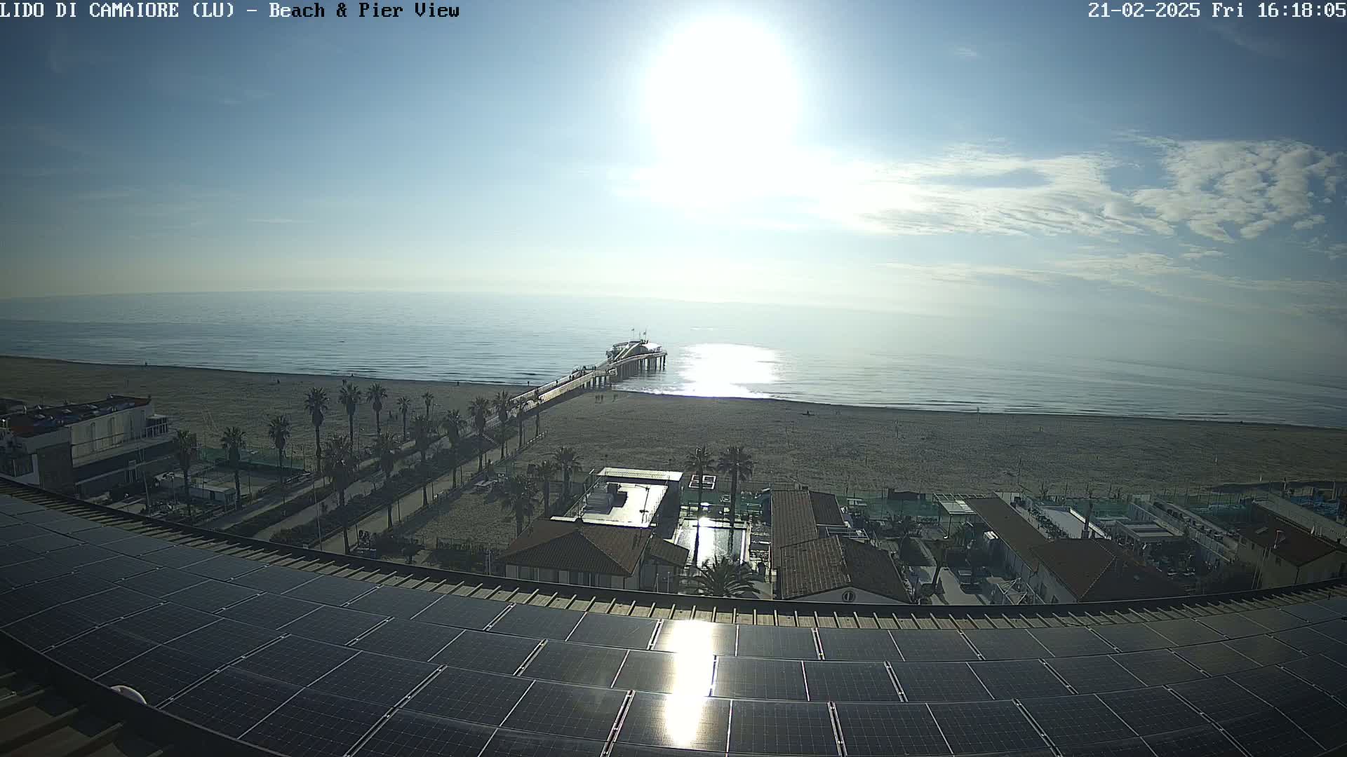 A sunny day at a beach with a pier, palm trees, buildings, and a large solar panel array on a rooftop.