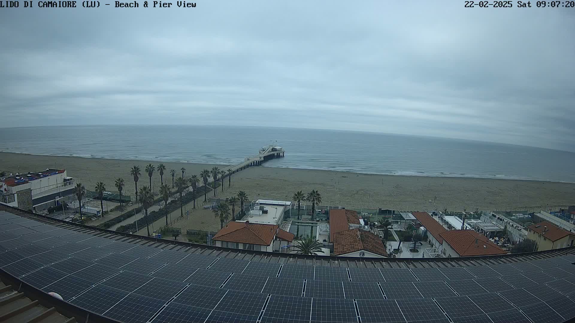 A beach scene under an overcast sky shows a pier extending from the shore into the ocean, with palm trees lining the beach and a row of buildings and solar panels visible in the foreground.