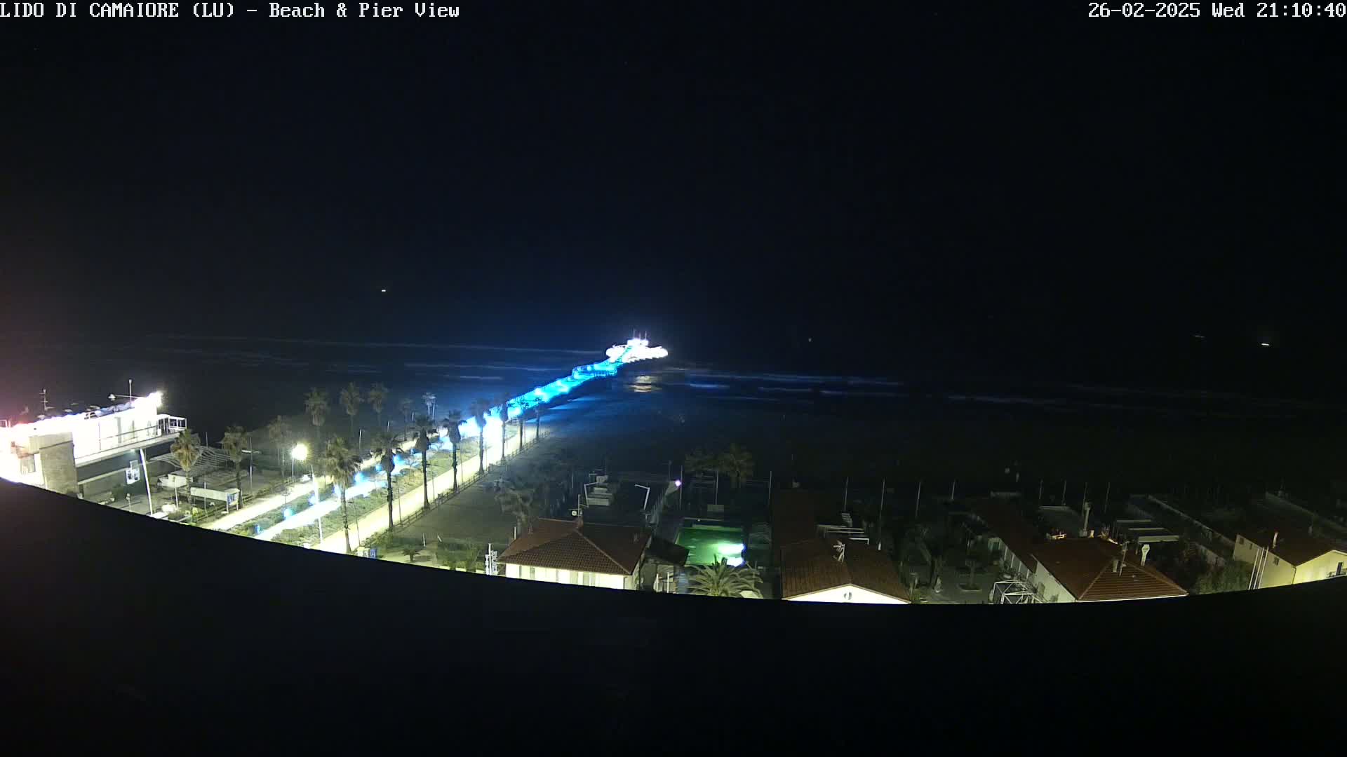A nighttime, high-angle view shows a pier extending into a dark ocean under a clear, starless sky, with a beach, buildings, and palm trees illuminated along the shore.