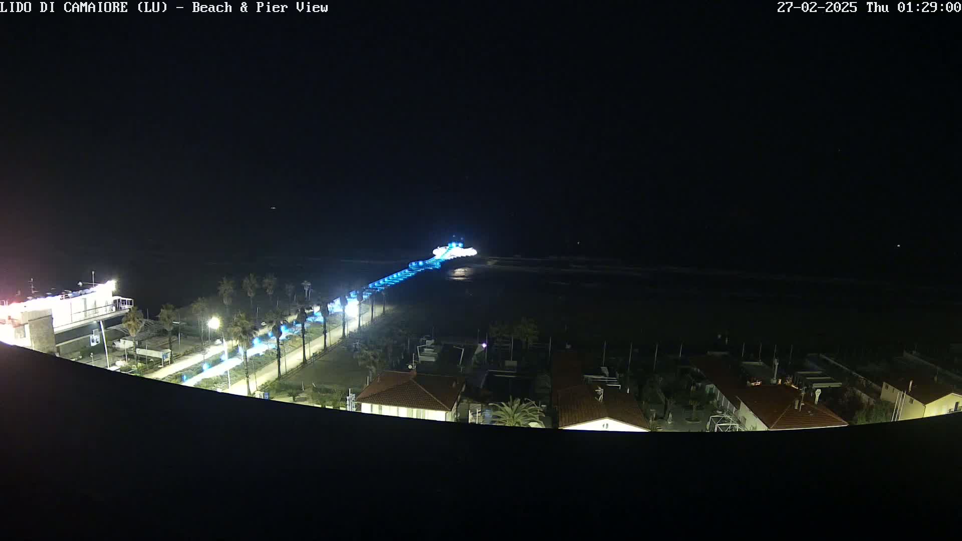 A nighttime, high-angle view shows a pier extending from a beach into the dark ocean, illuminated with blue lights, along with surrounding buildings and palm trees.