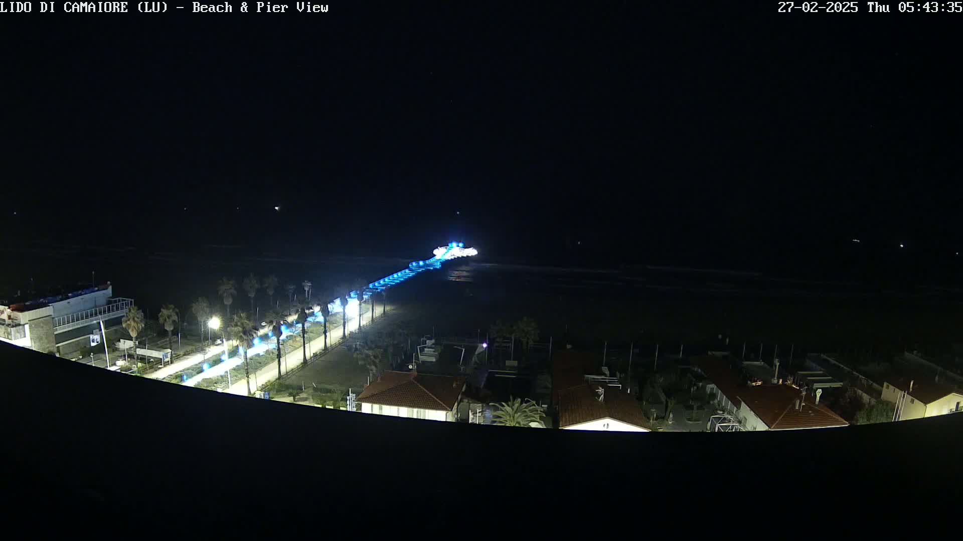 A nighttime, high-angle view shows a pier illuminated with blue lights extending from a shoreline into a dark ocean, with buildings and palm trees visible along the beach.