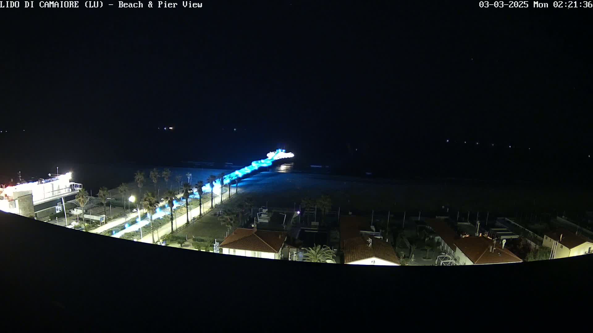A nighttime, high-angle view shows a pier illuminated in blue light extending from a beach into dark water, with buildings and palm trees visible along the shoreline.