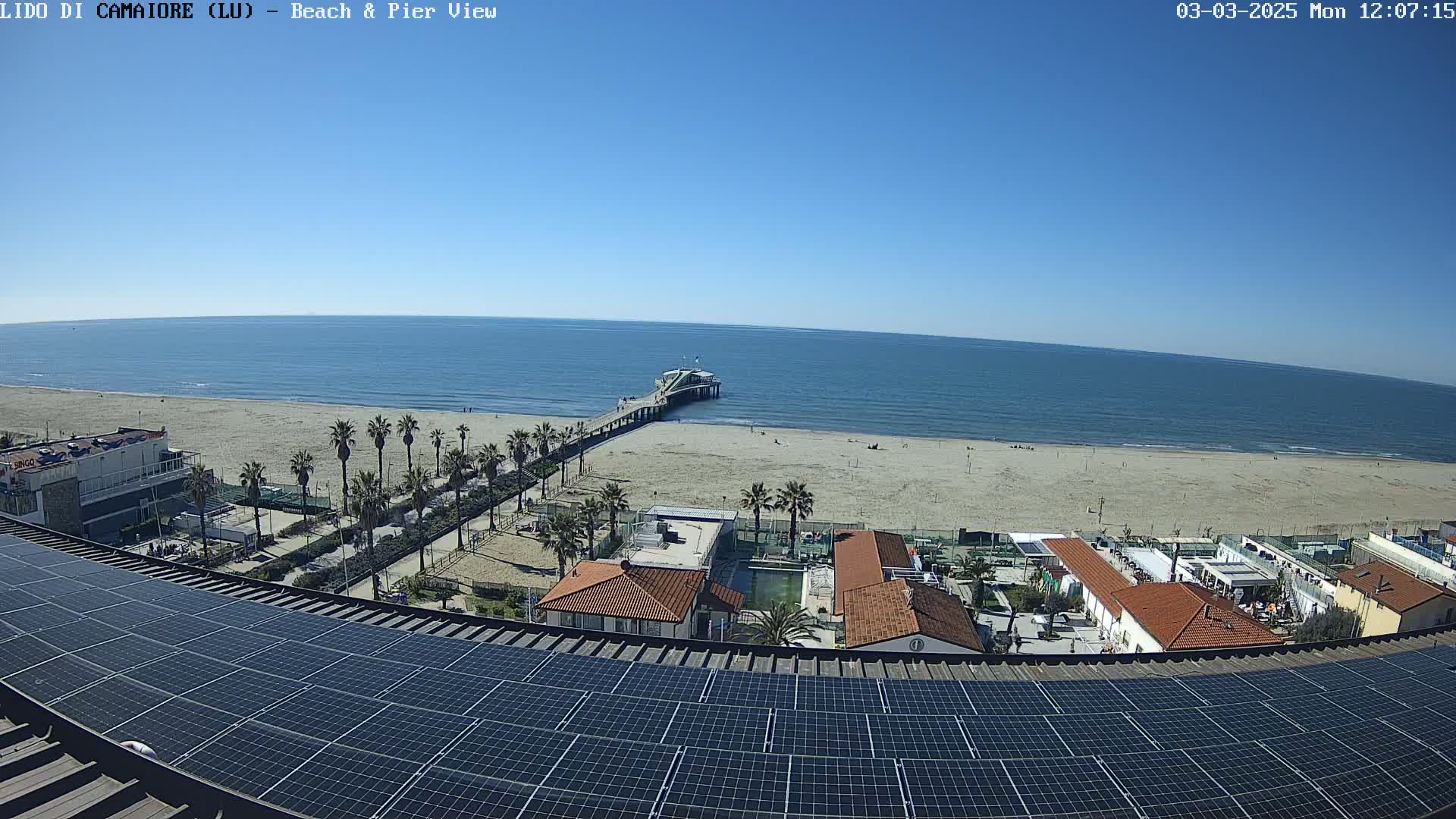 A beach with a pier, palm trees, and buildings is viewed from above a rooftop covered in solar panels on a sunny day.