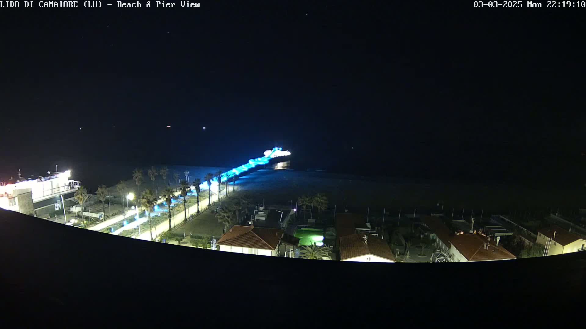 A nighttime view of a pier extending from a beach, illuminated in blue, with buildings and palm trees visible along the shore under a clear, dark sky.