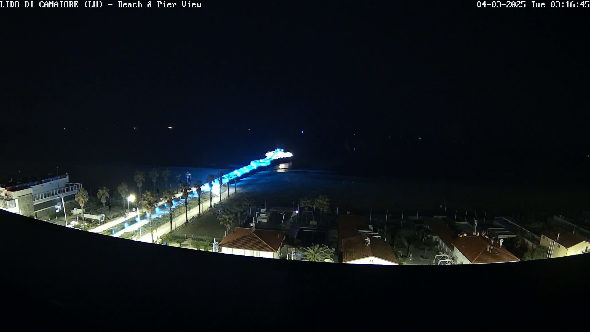 A nighttime, overhead view shows a pier extending from a beach into dark water, illuminated by blue lights, with buildings and palm trees visible on the shore.