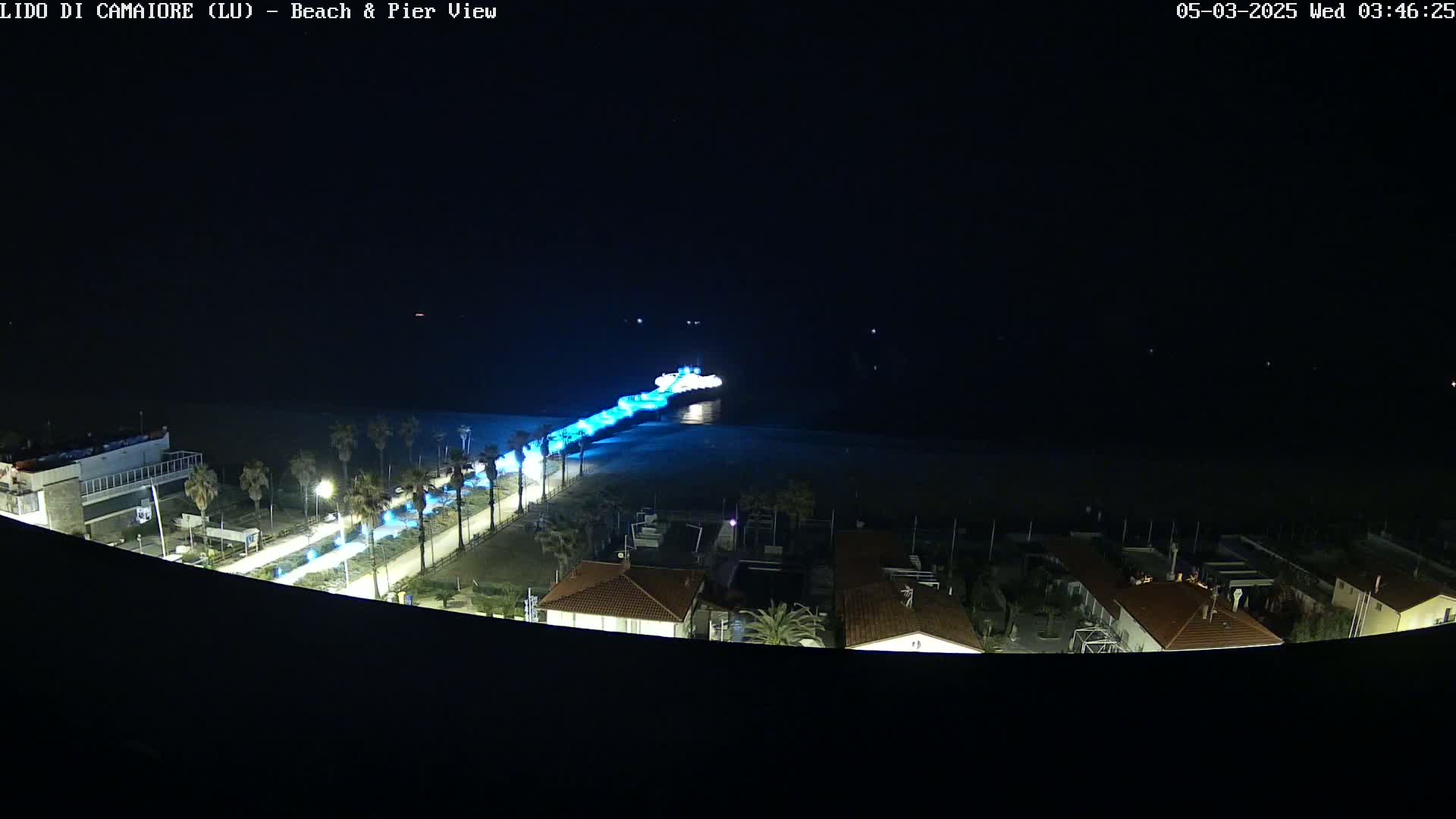 A nighttime, overhead view shows a pier extending from a beach into the water, illuminated with blue lights, alongside a palm tree-lined road and buildings.