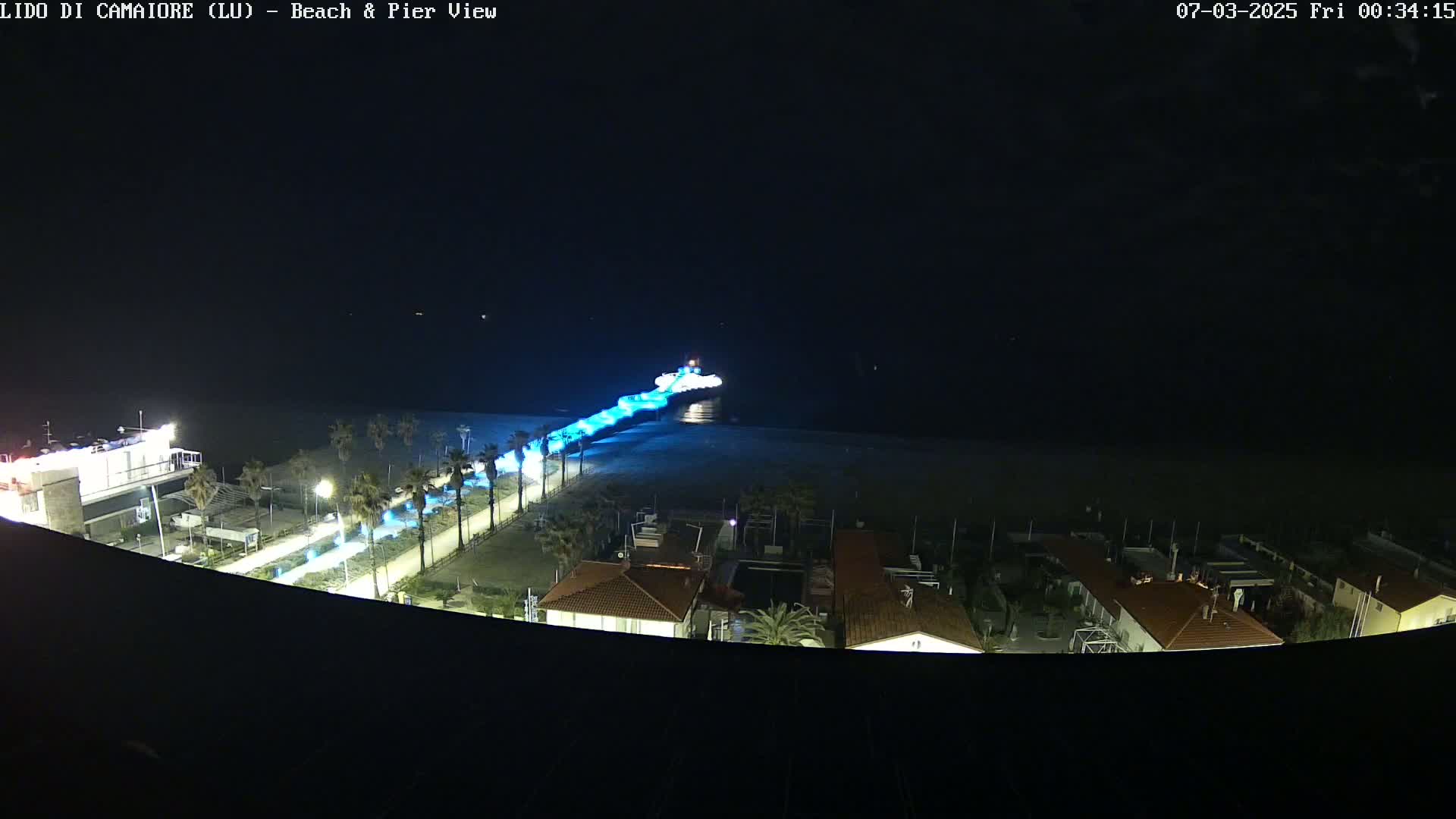 A nighttime aerial view of a pier illuminated in blue light, extending from a beach lined with palm trees to the water, with buildings visible beyond the beach.