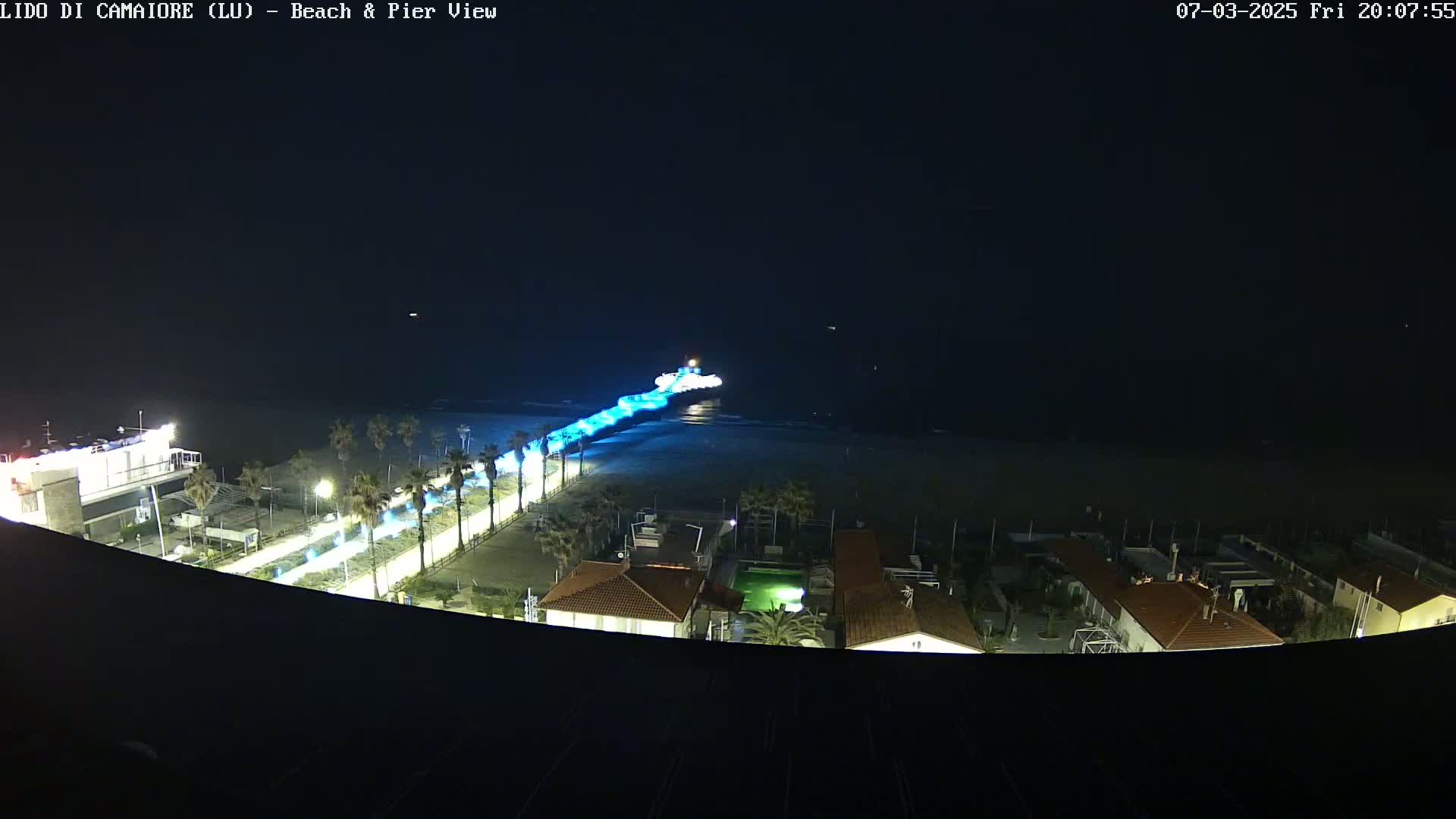 A nighttime view of a beach and pier, illuminated with blue lights, under a clear, dark sky.