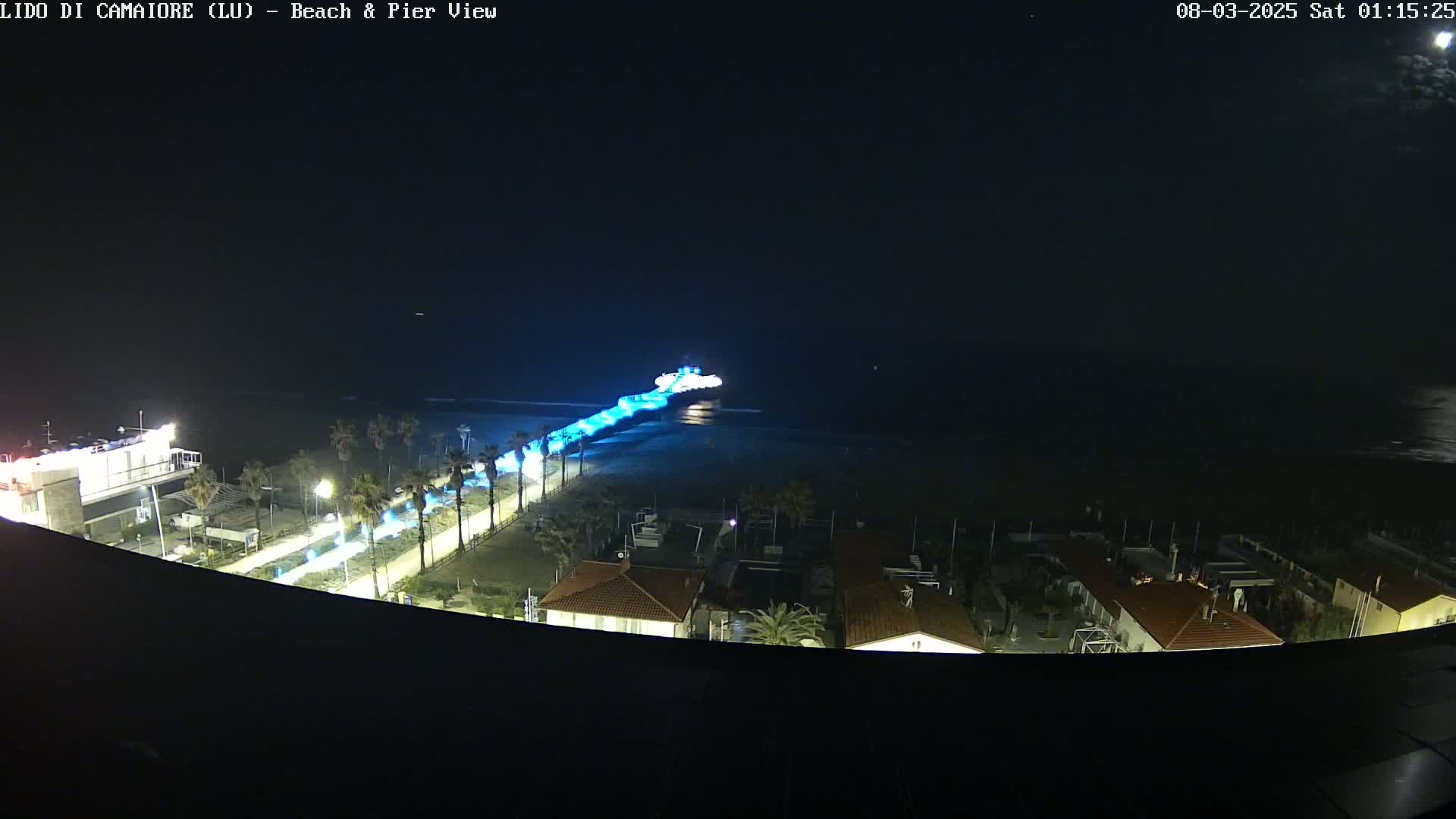 A nighttime view of a beach and pier, illuminated with blue lights, under a clear, dark sky.