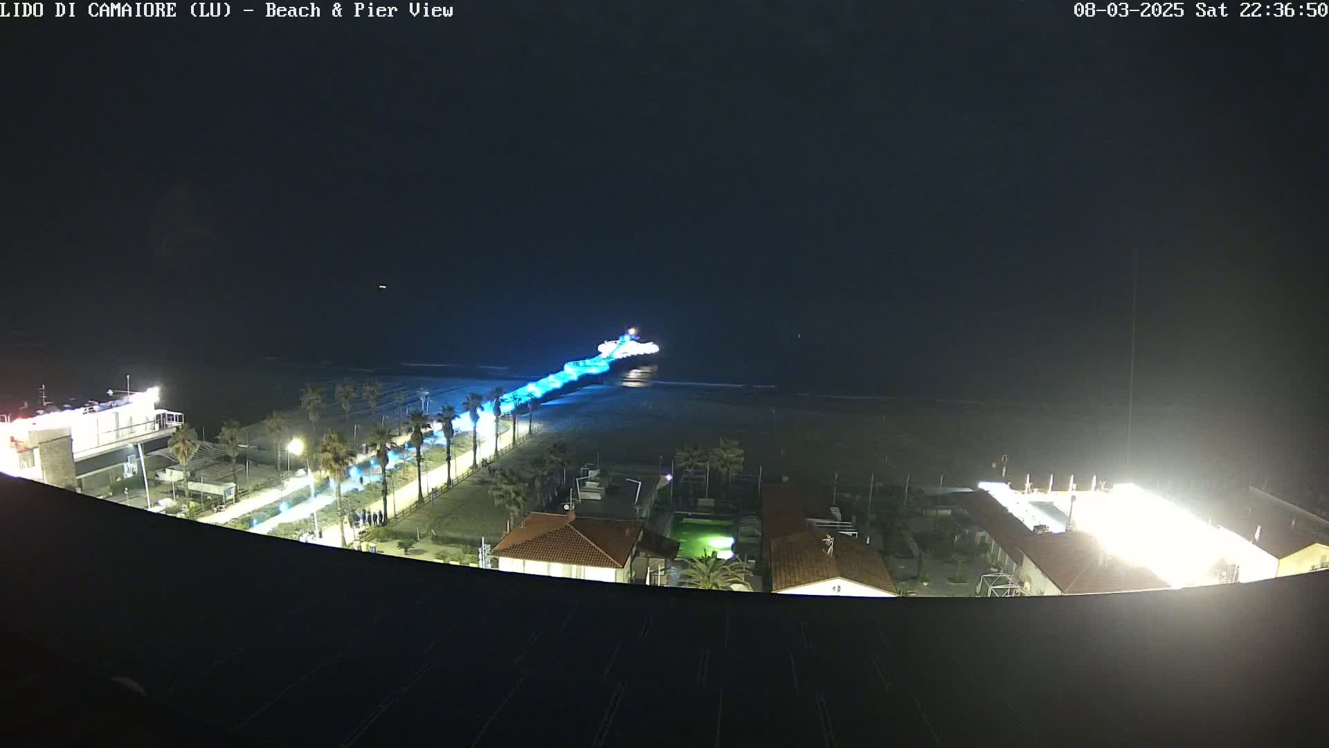 A nighttime, aerial view shows a pier illuminated in blue light extending from a beach into the dark ocean, with buildings and palm trees visible along the shoreline under artificial lighting.