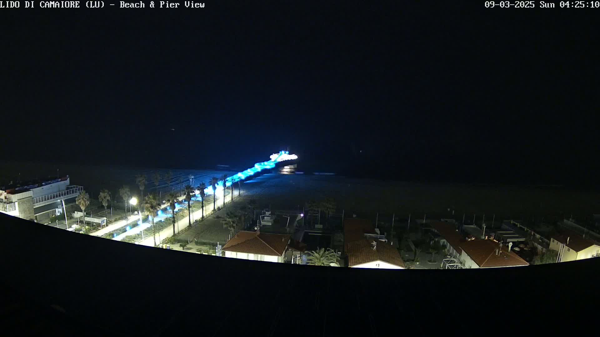 A nighttime aerial view of a beach and pier, illuminated with blue lights, overlooking a town under a clear, dark sky.