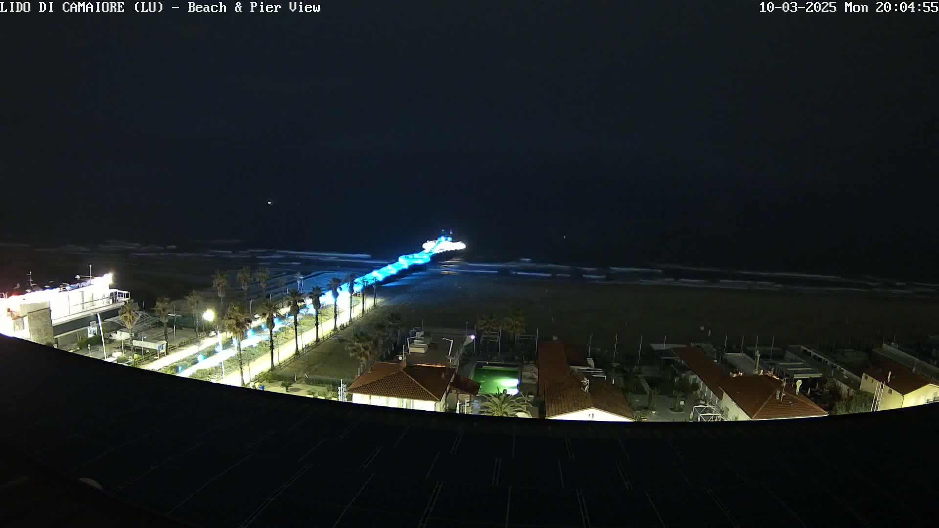 A nighttime, high-angle view of a beach and pier with dimly lit buildings and palm trees along a shoreline, under a dark sky.