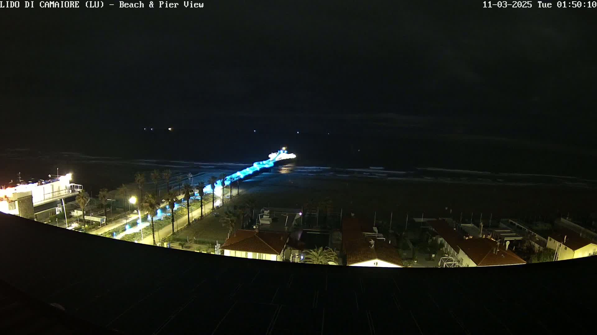 A nighttime, high-angle view shows a pier illuminated in blue light extending into a dark ocean with gentle waves, overlooking a beach and buildings lit with warm-toned lights.