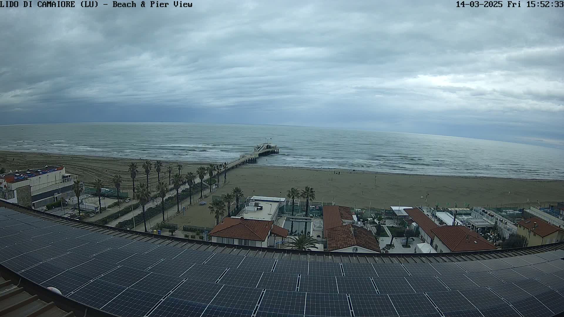 A beach with a pier, palm trees, buildings, and a solar panel array on a roof overlooking a somewhat overcast ocean.
