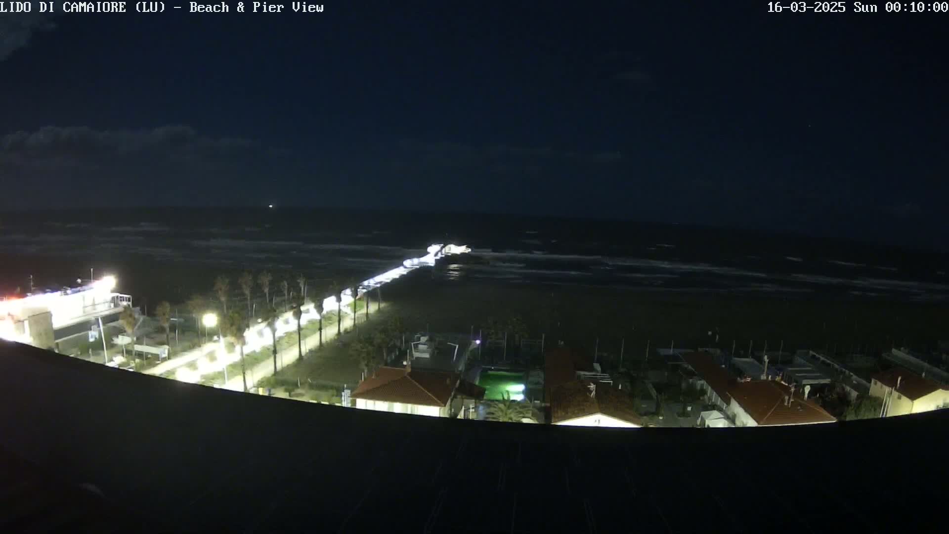 A nighttime view of a beach with a pier extending into a dark, wavy ocean, a road lined with palm trees leading to buildings with lights on.