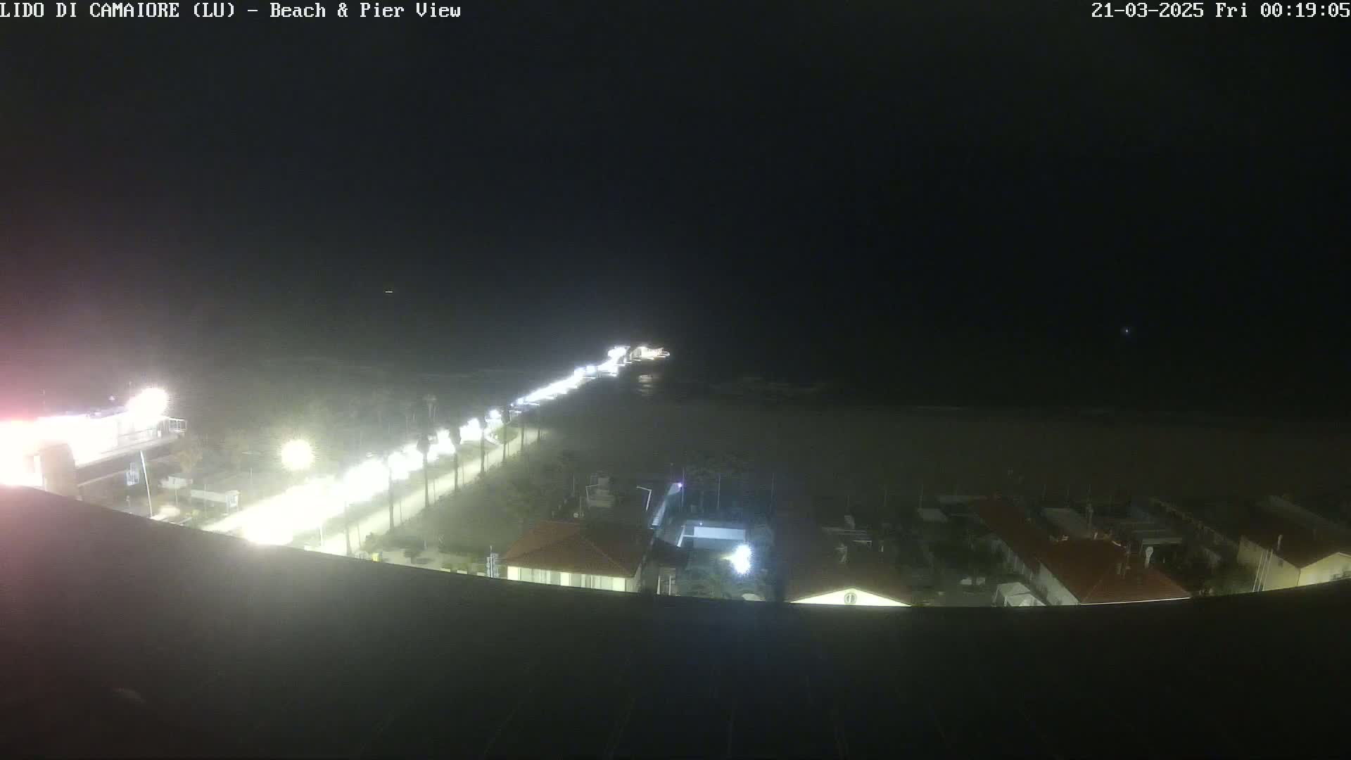 A nighttime, high-angle view shows a dark beach, a brightly lit beachfront road lined with trees and buildings, and a dark ocean.