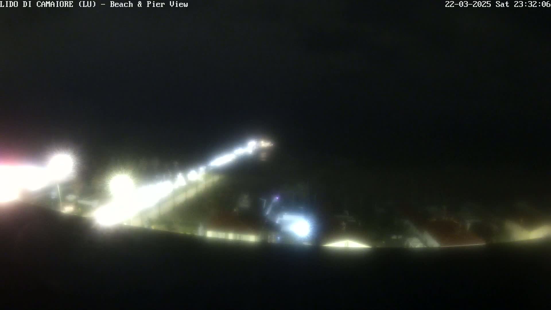 At night, bright lights illuminate a dark beach and pier area.