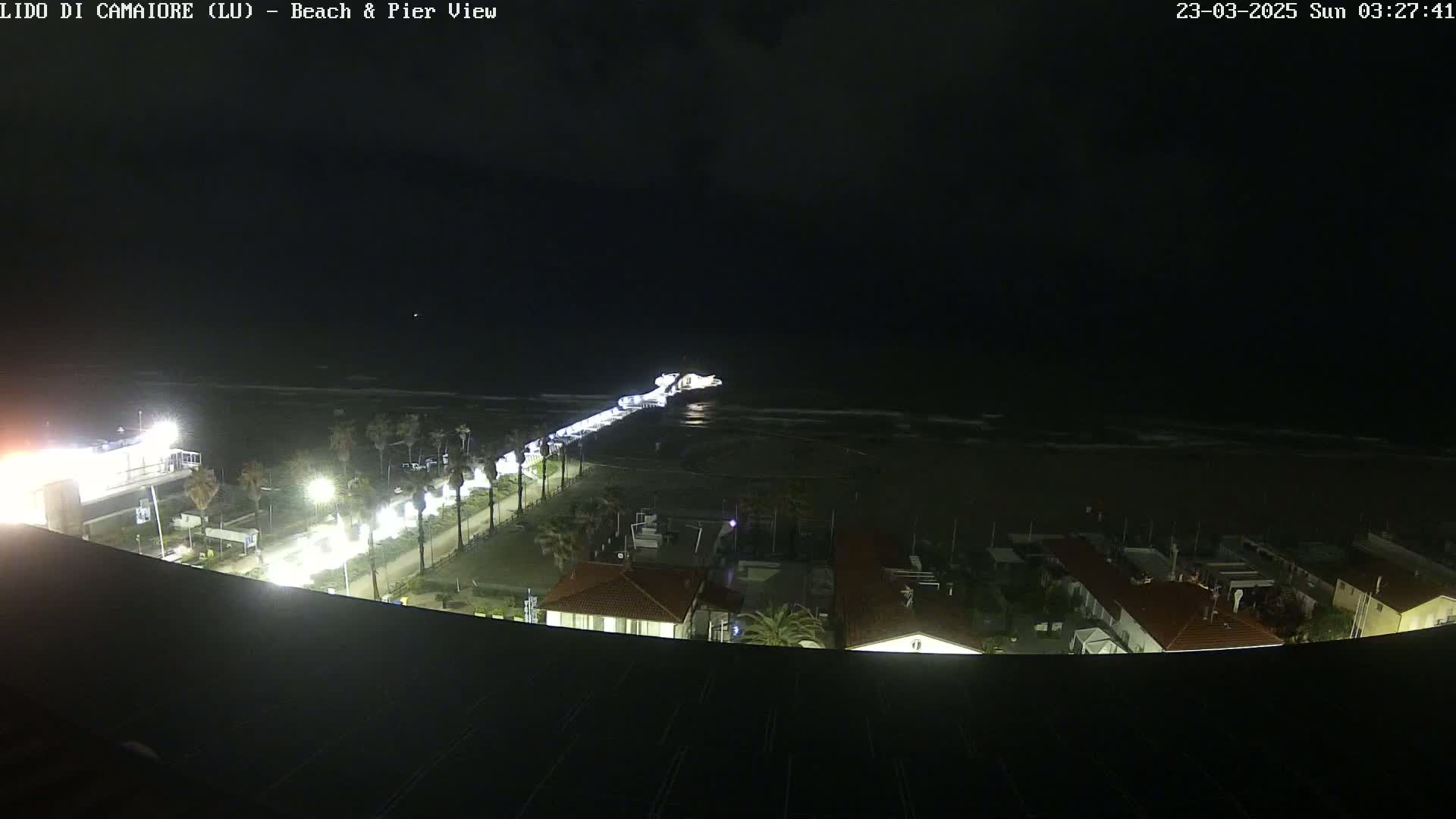 A nighttime, high-angle view of a beach at night, showing a pier extending into a dark, wavy ocean, with illuminated buildings and palm trees along the shoreline.