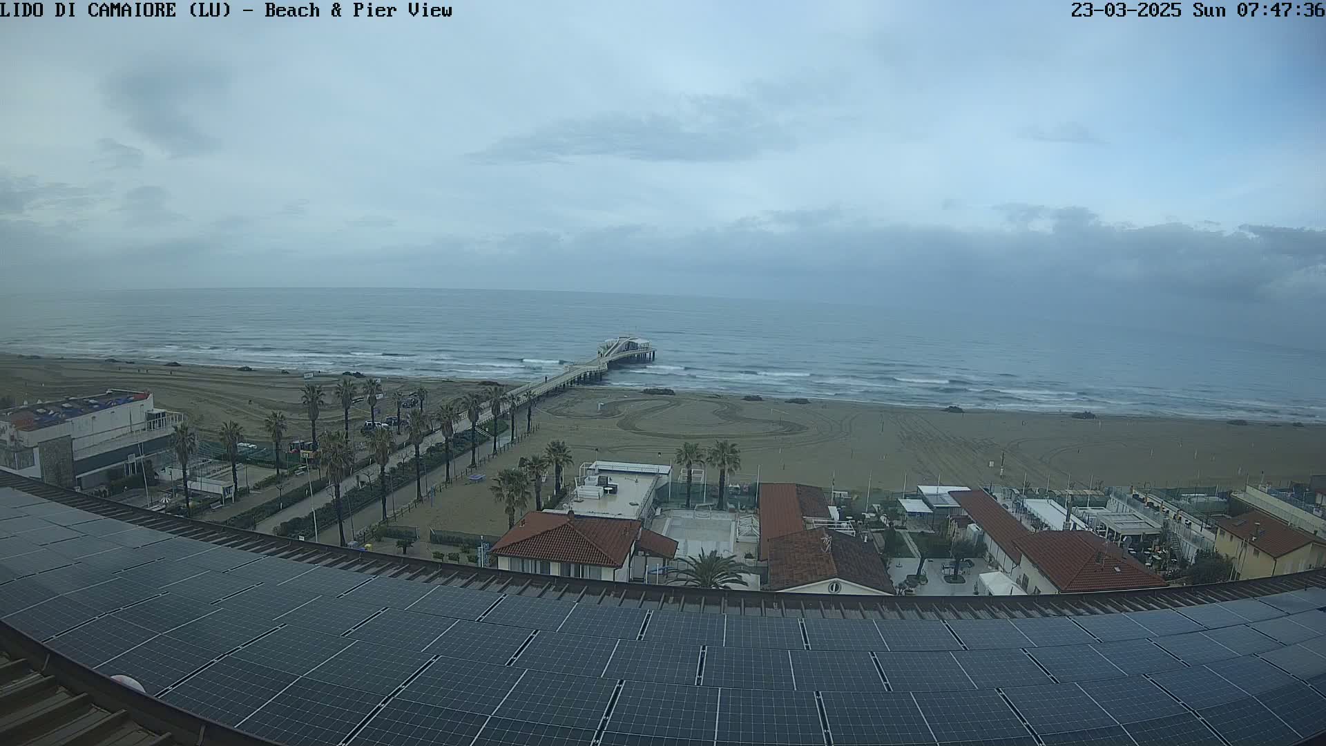 A beach with a pier, buildings, and palm trees is viewed from a rooftop with solar panels on an overcast day.