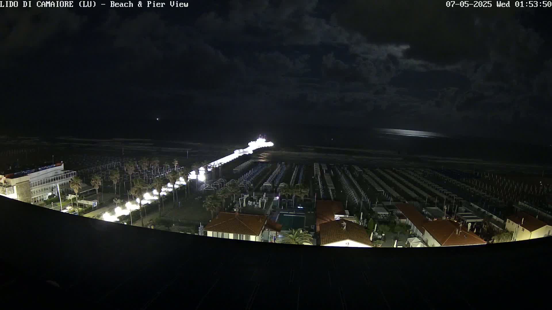 A nighttime view of a beach with a pier extending into the dark ocean under a cloudy sky, showing rows of beach umbrellas and buildings along the shore.